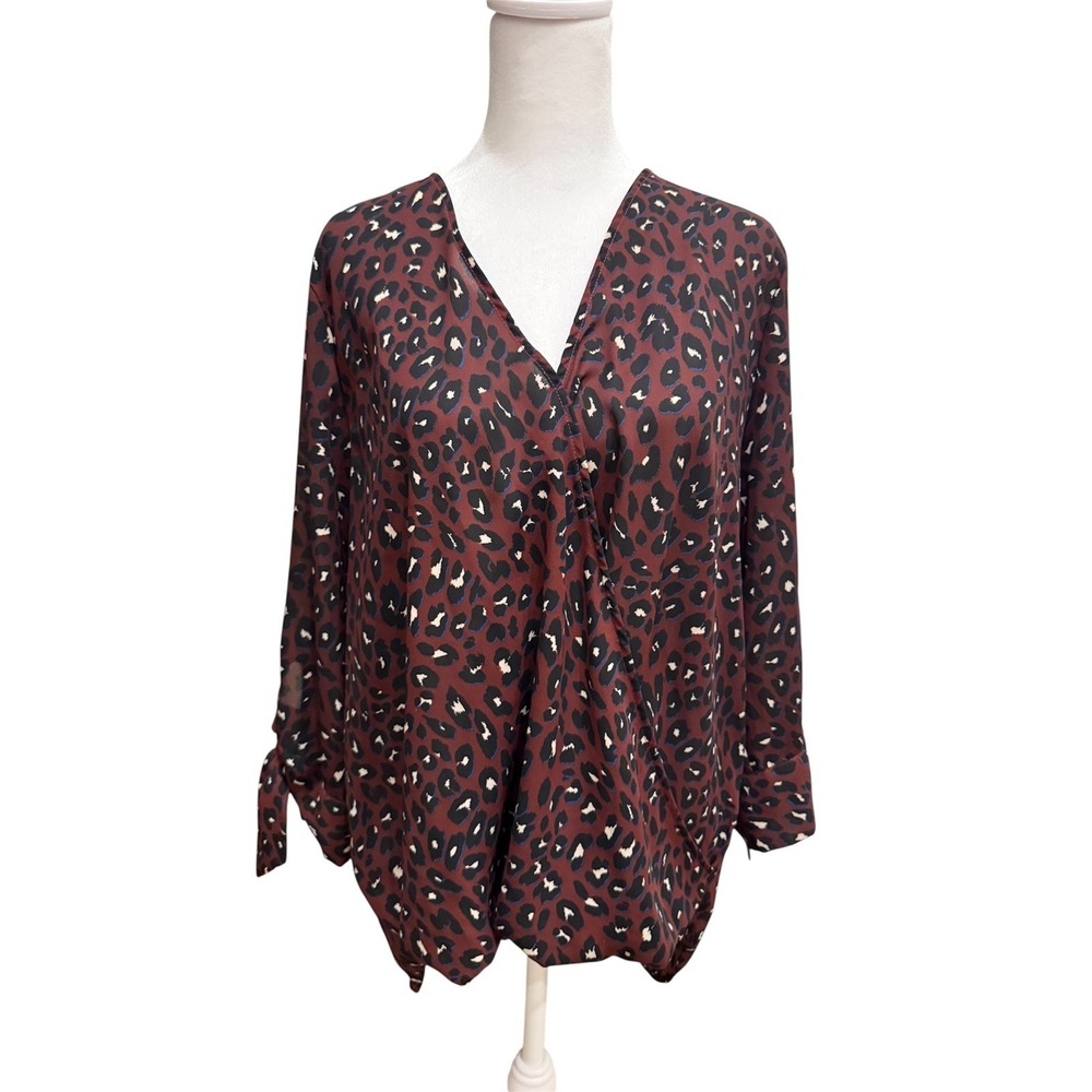 West Kei Stitch Fix Burgundy Animal Surplice Tie‎ Sleeve Blouse Size X Large